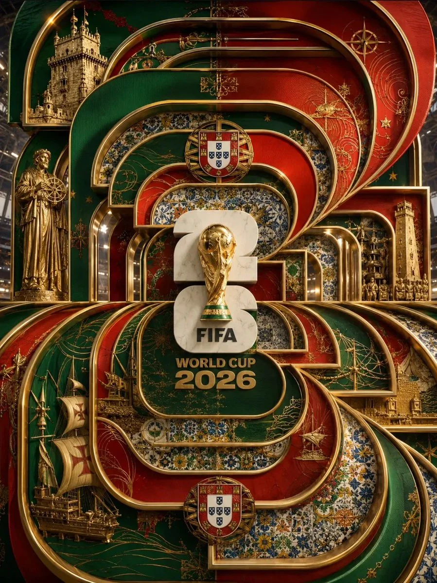 Golden Art Deco arches frame the FIFA 2026 trophy in a grand stadium