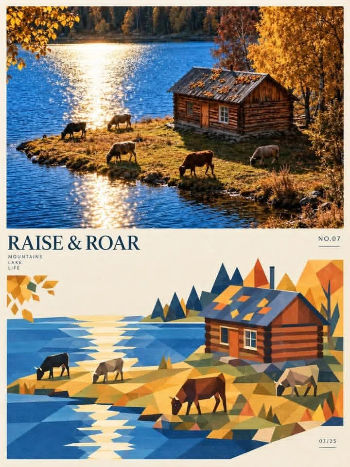 Golden autumn lakeside cabin split into realistic and low-poly styles