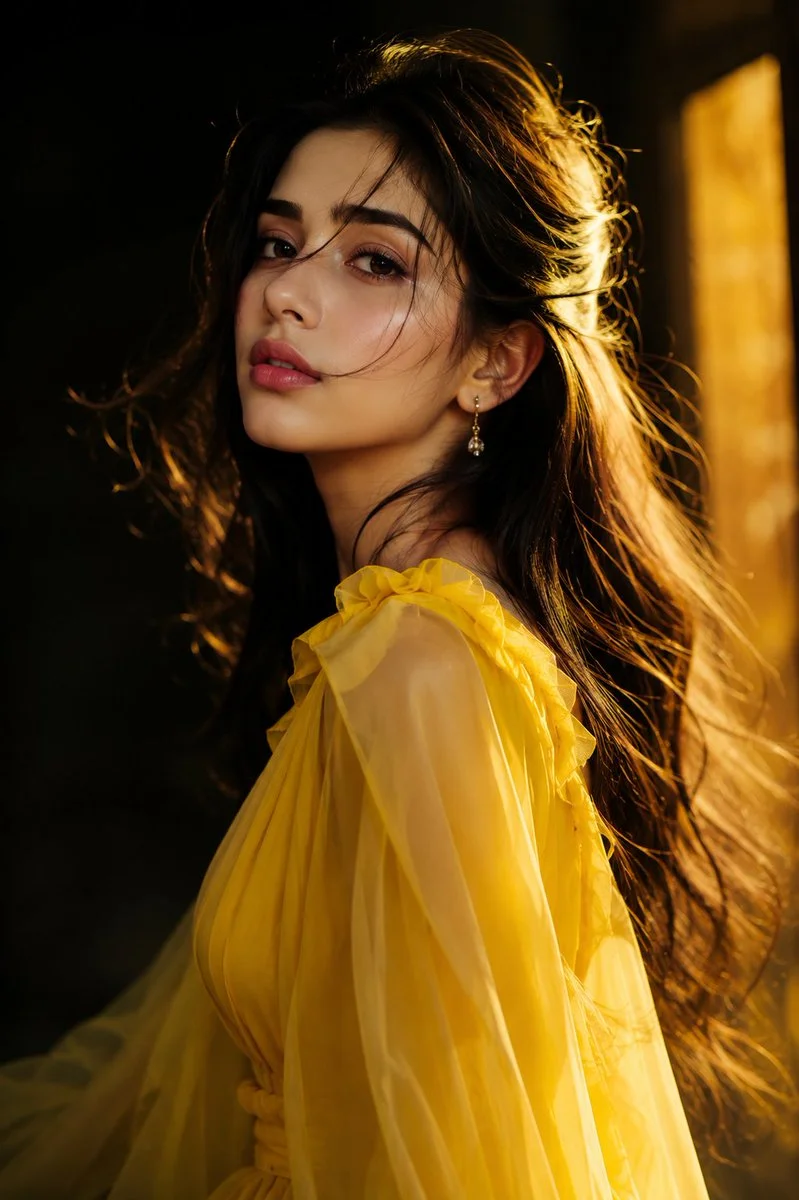 Golden backlight wraps her silhouette in a moody, luxurious portrait