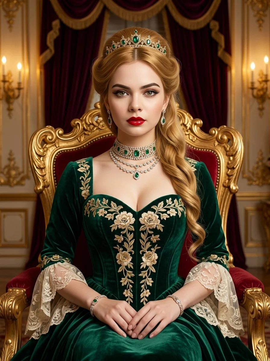 Golden-Blonde Queen Commands Throne in Opulent Baroque Palace