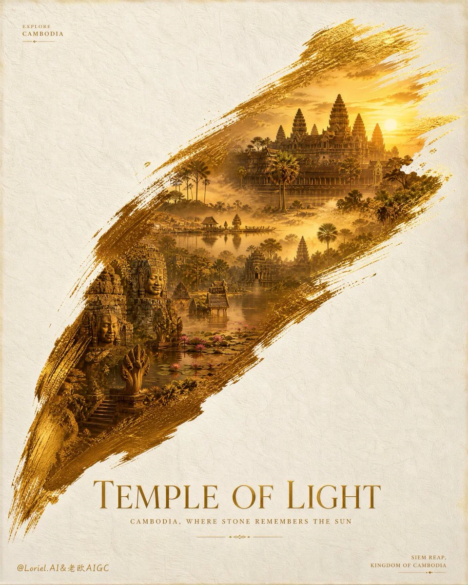 Golden brushstroke reveals Angkor Wat in a sweeping gesture
