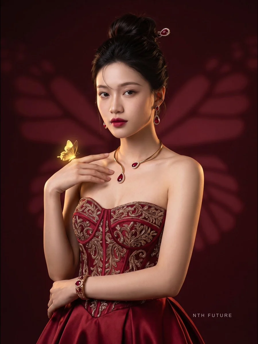 Golden butterfly rests on crimson ballgown in dark wine studio