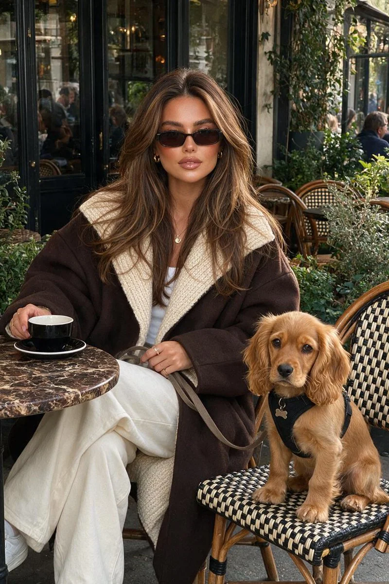 Golden Cocker Spaniel Puppy Beside Woman at Cafe Table