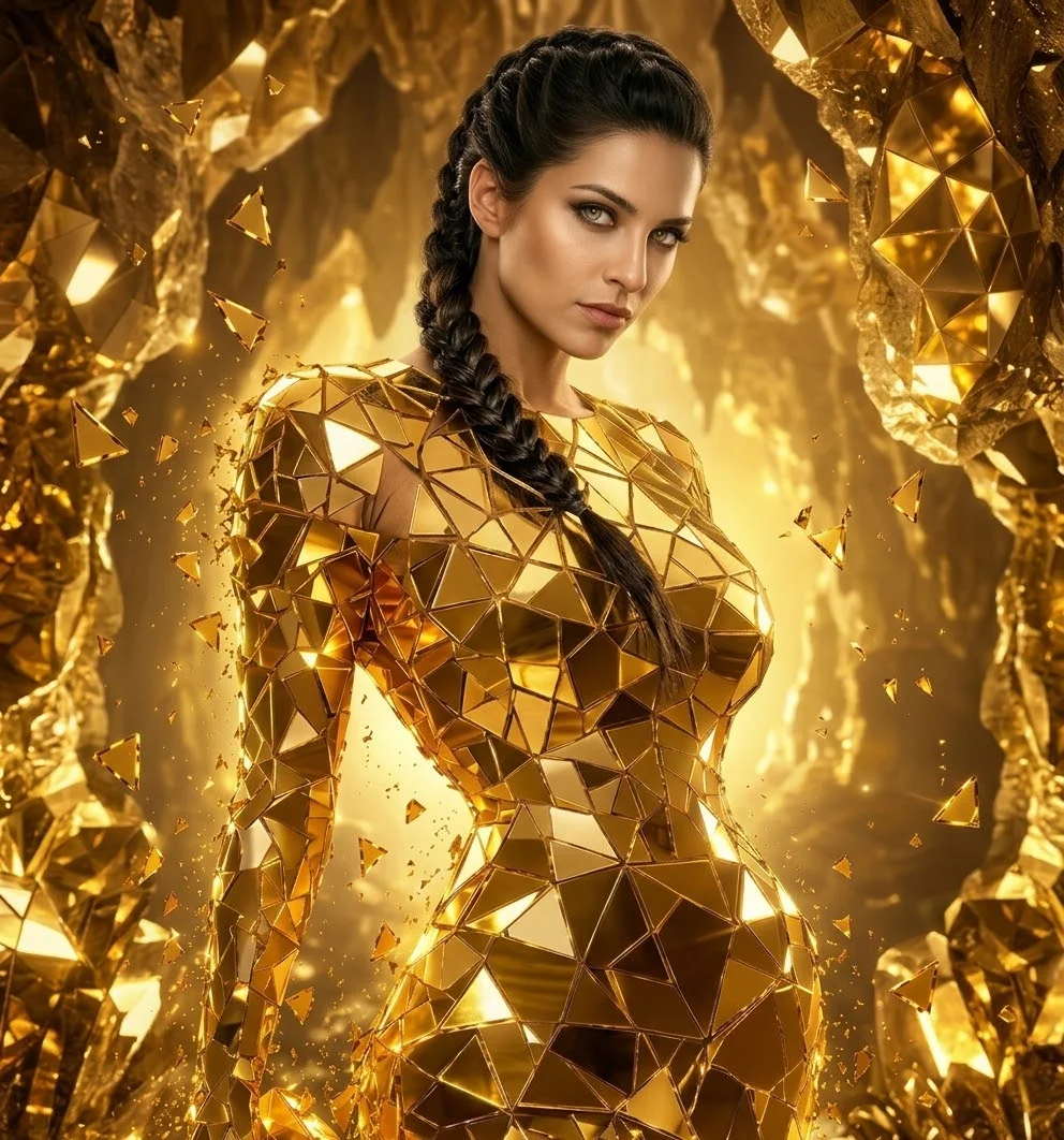 Golden Crystal Shards Float Around Confident Woman in Cavern