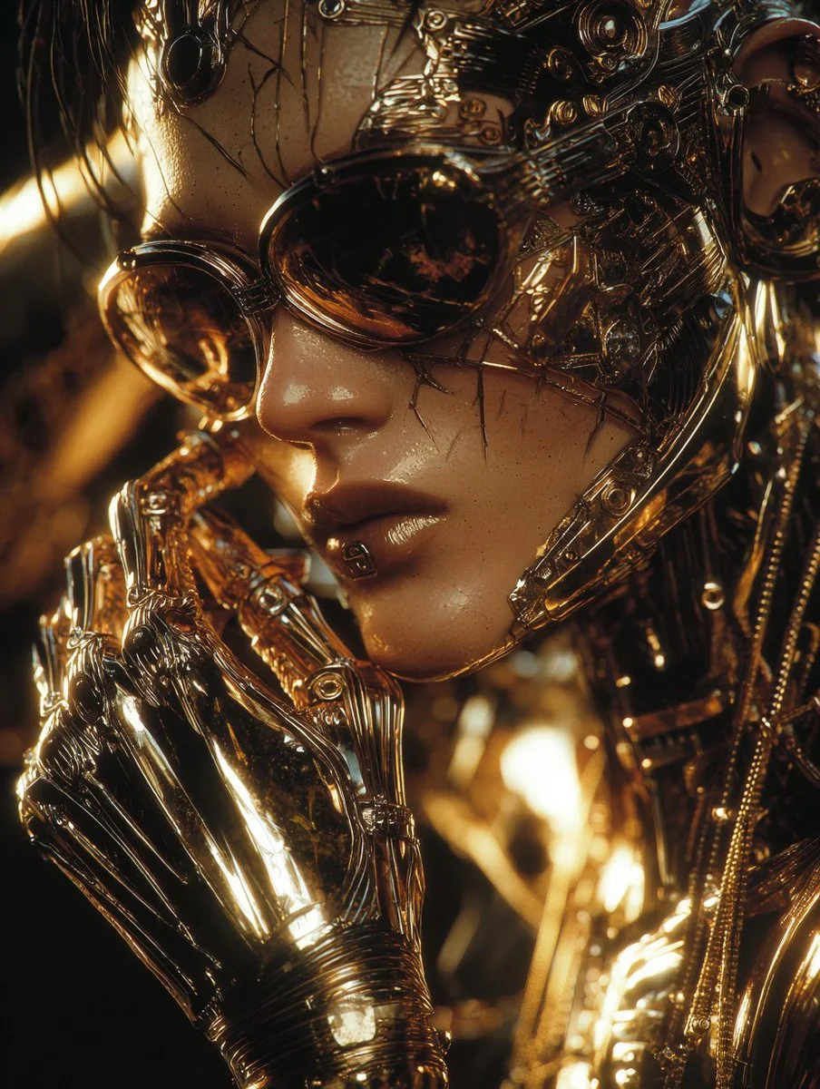 Golden cyberpunk portrait with intricate metalwork and robotic hand