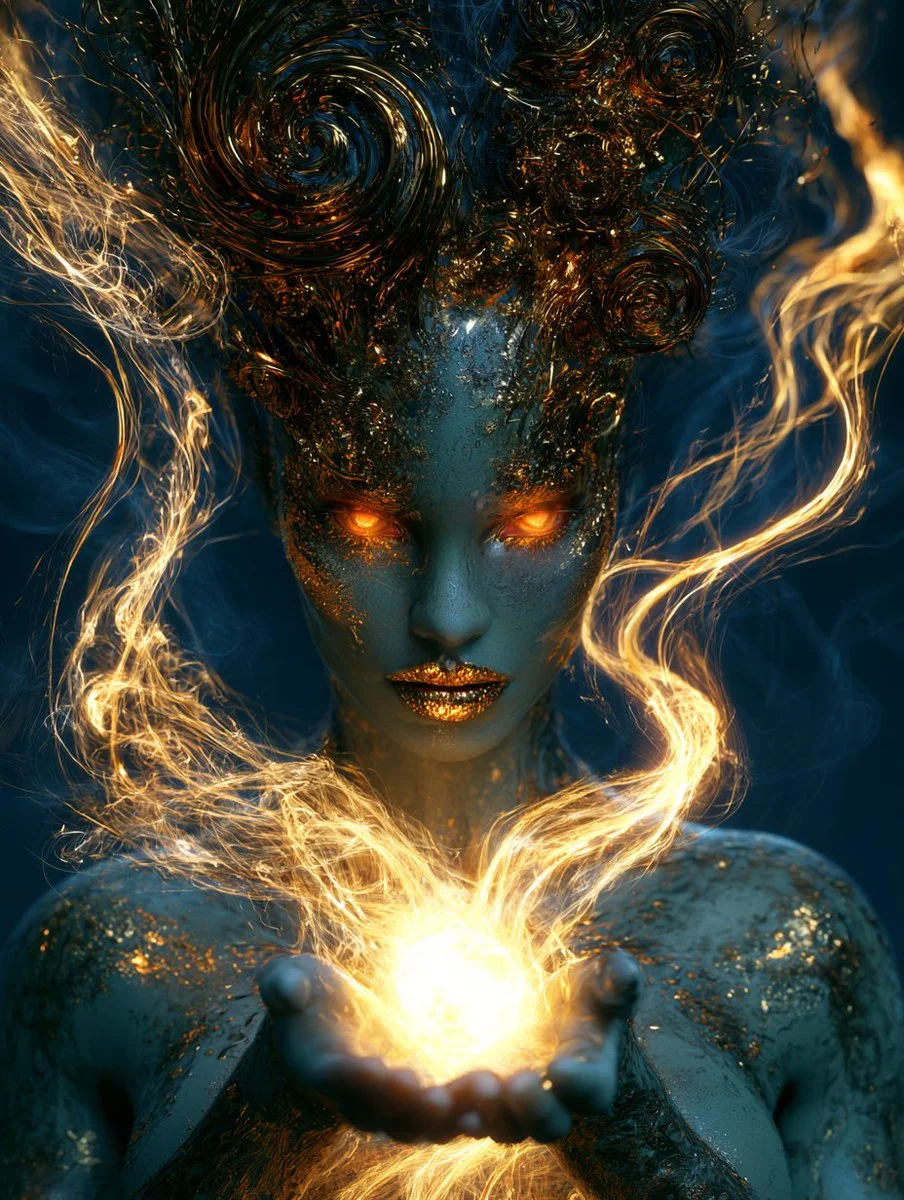 Golden energy tendrils swirl around a biomechanical mythical female