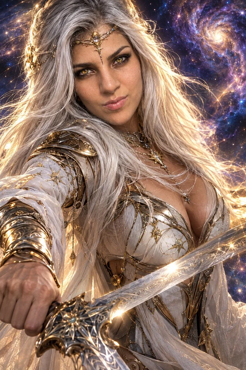 Golden-Eyed Elven Warrior Stands Ready with Glowing Sword in Cosmic Realm