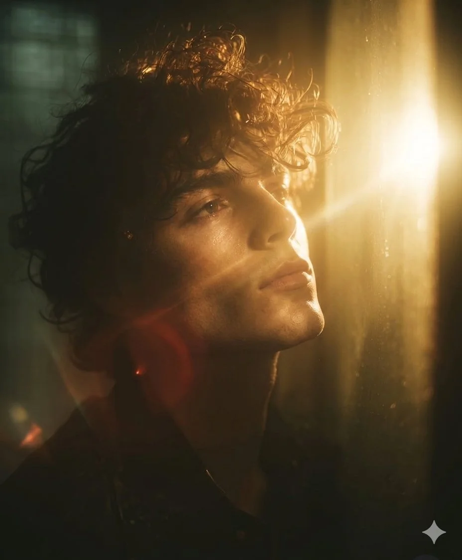 Golden Flare Portrait of Curly-Haired Young Man in Moody Light