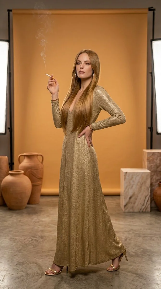 Golden glamour portrait captures confident gaze and wispy smoke