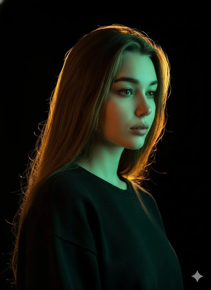 Golden Glow Meets Cool Green: A Portrait of Contemplation