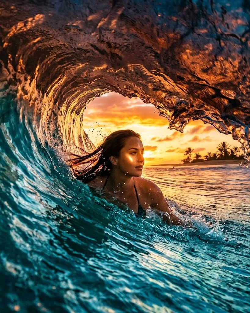 Golden god rays pierce through a curling wave revealing a serene swimmer