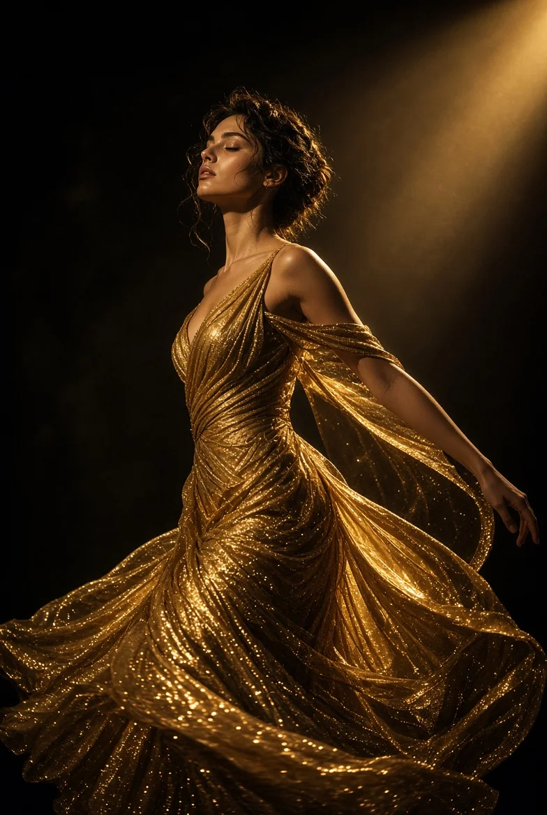 Golden Gown Dances in Dramatic Dark Studio Spotlight