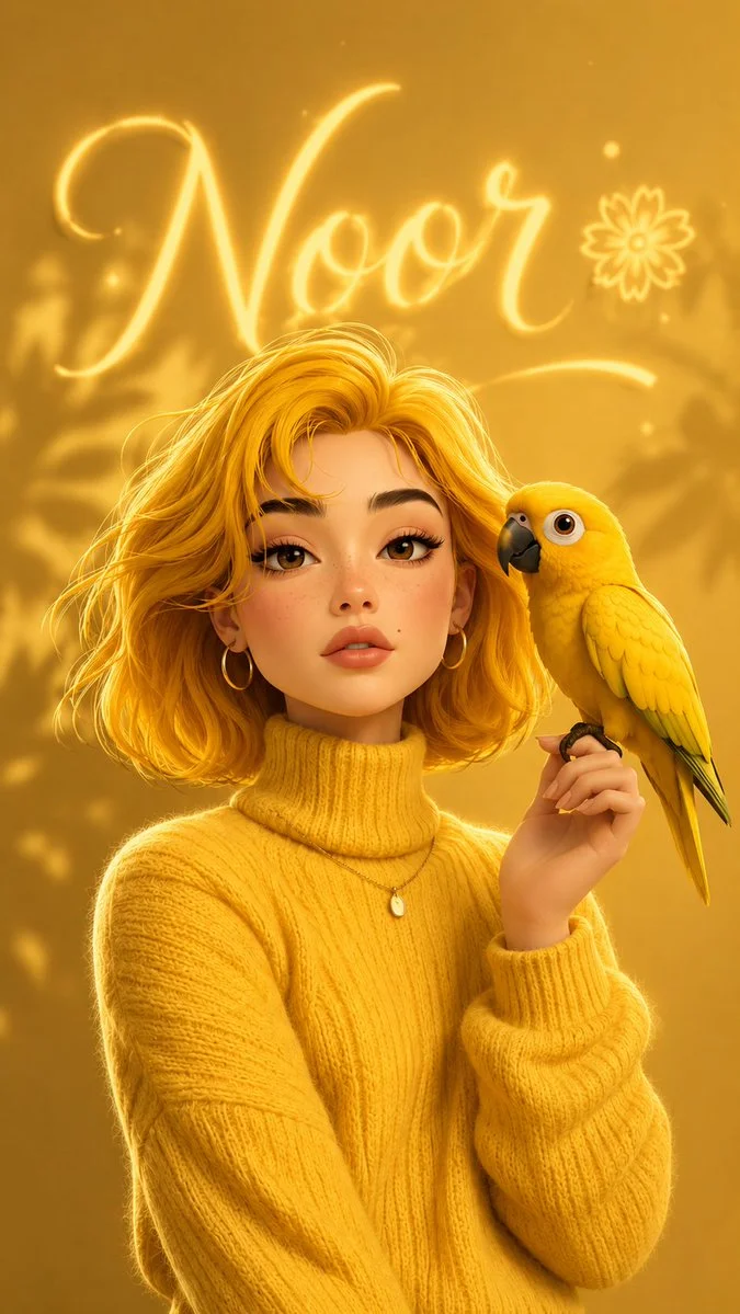 Golden-haired girl shares a magical moment with a yellow parrot