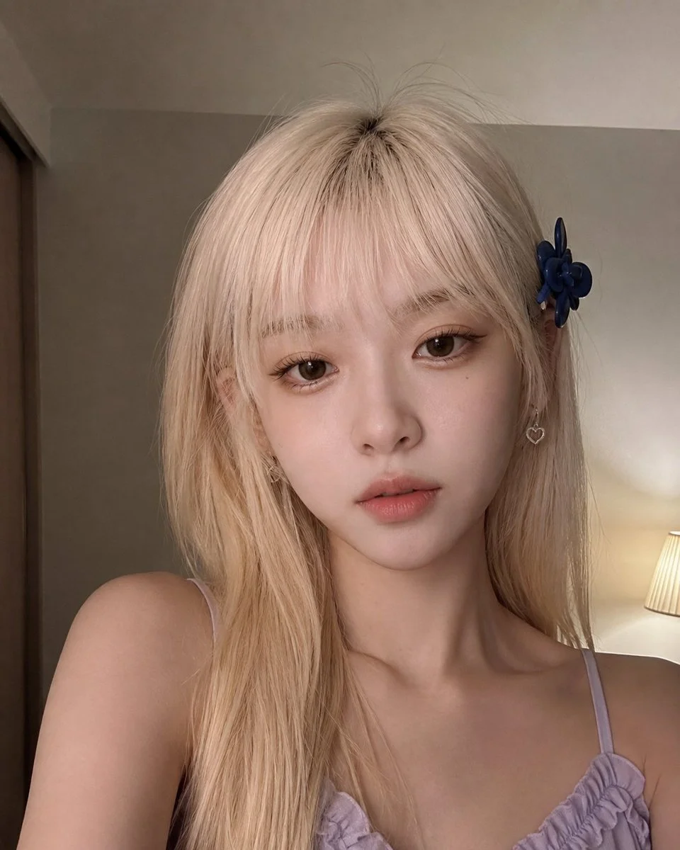 Golden-haired woman captures a quiet selfie in her warm bedroom