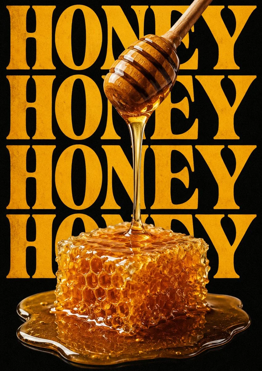 Golden honey drips onto honeycomb against bold typography poster