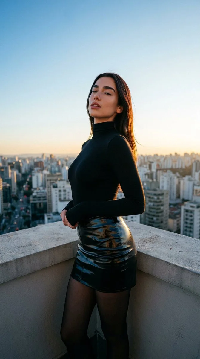 Golden hour backlight separates the singer from the urban skyline below