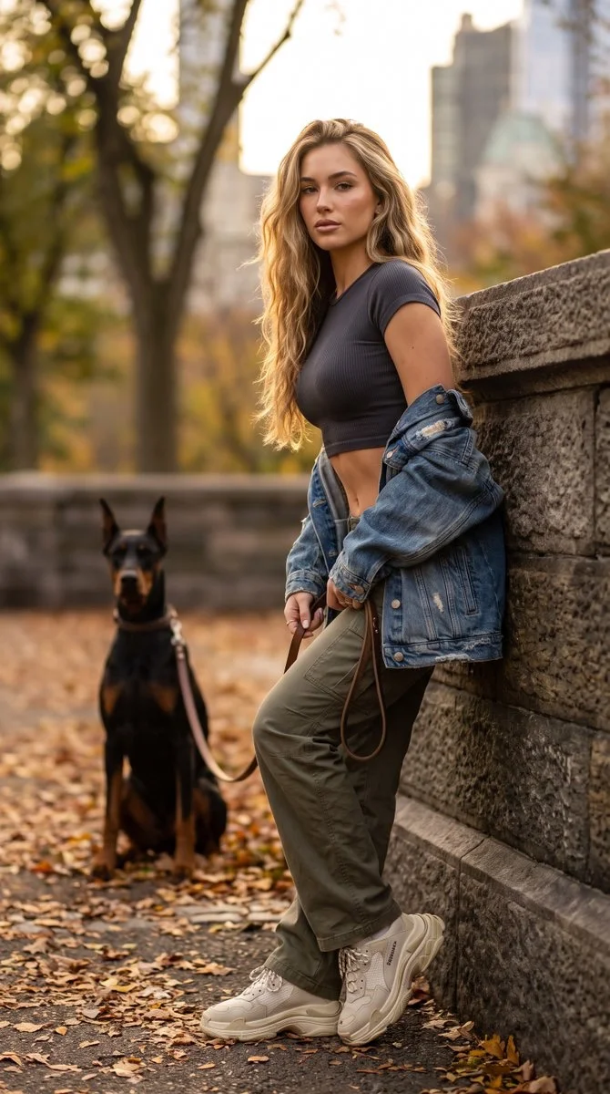 Golden hour casts warm light on woman leaning against stone wall