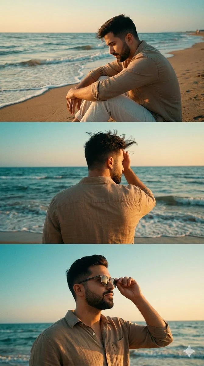 Golden Hour Contemplation: A Trio of Beachside Moments