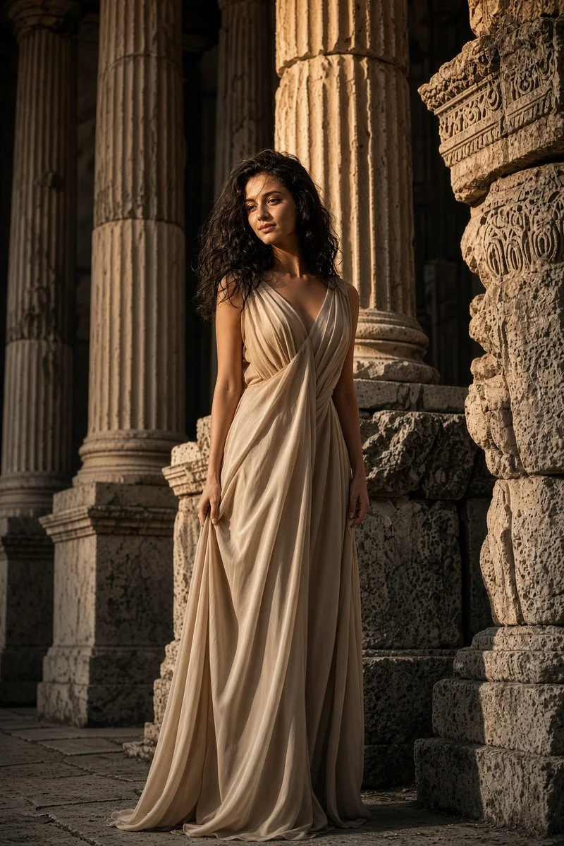 Golden Hour Elegance Amidst Ancient Weathered Stone Pillars