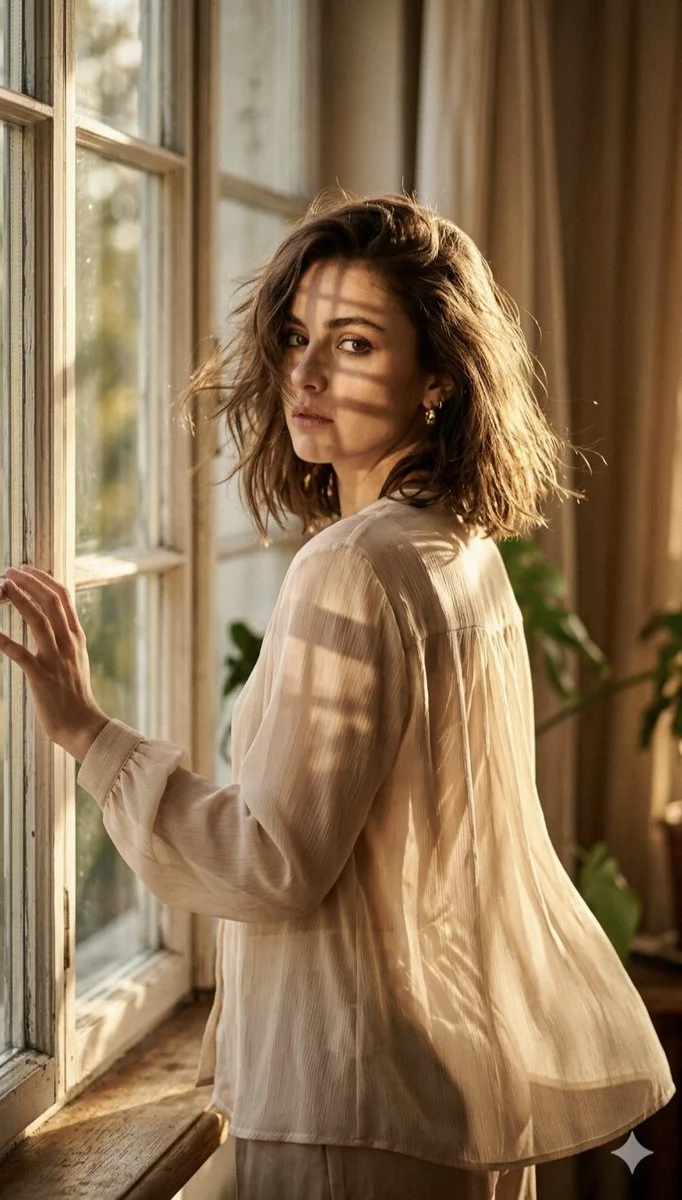 Golden Hour Elegance: Candid Portrait by Rustic Window