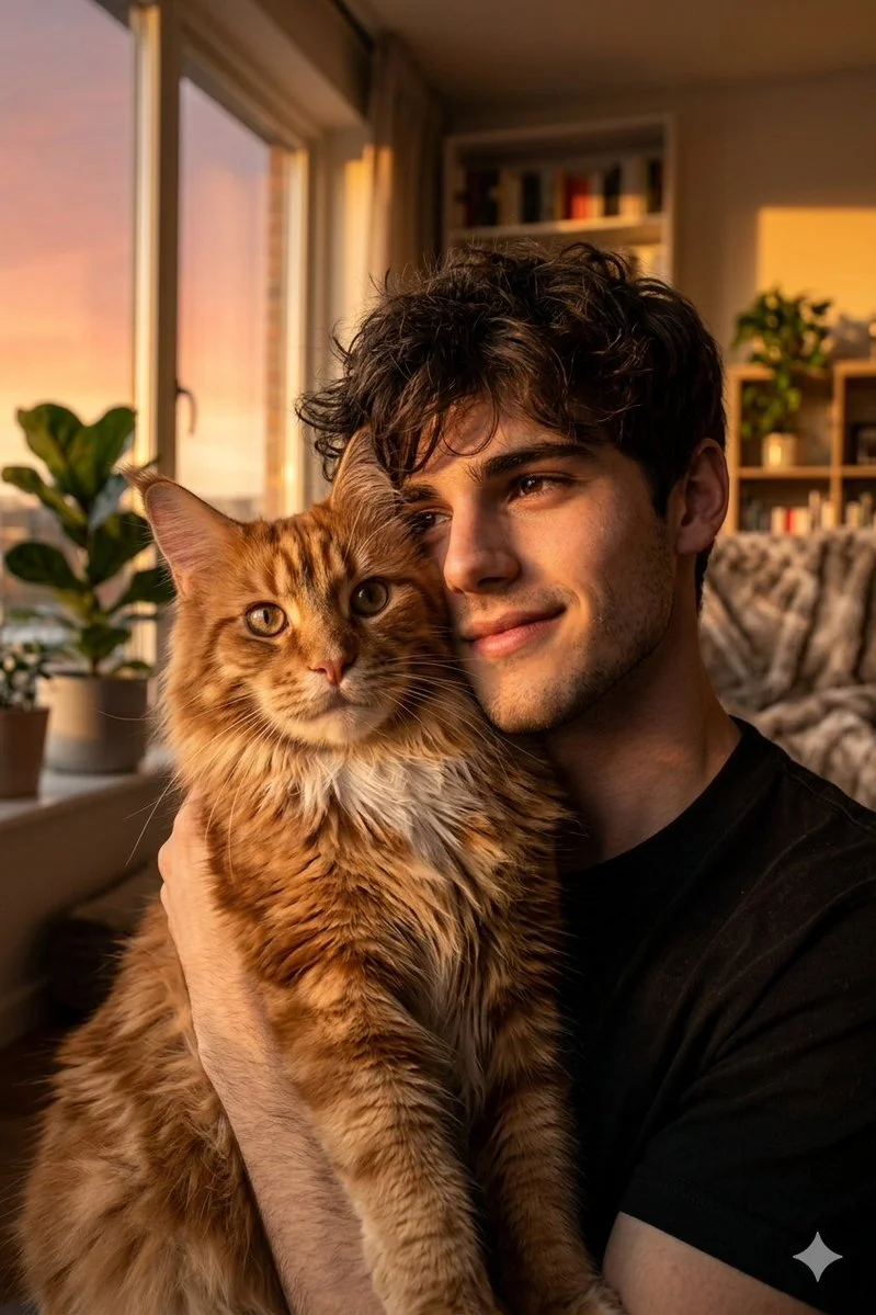 Golden Hour Embrace: Man and Majestic Ginger Cat Close-Up