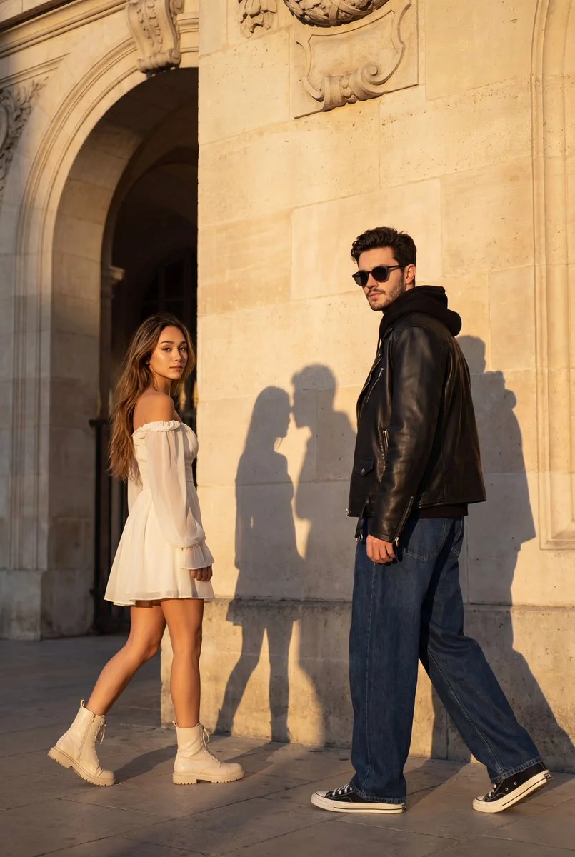 Golden hour farewell between two elegant strangers in Europe