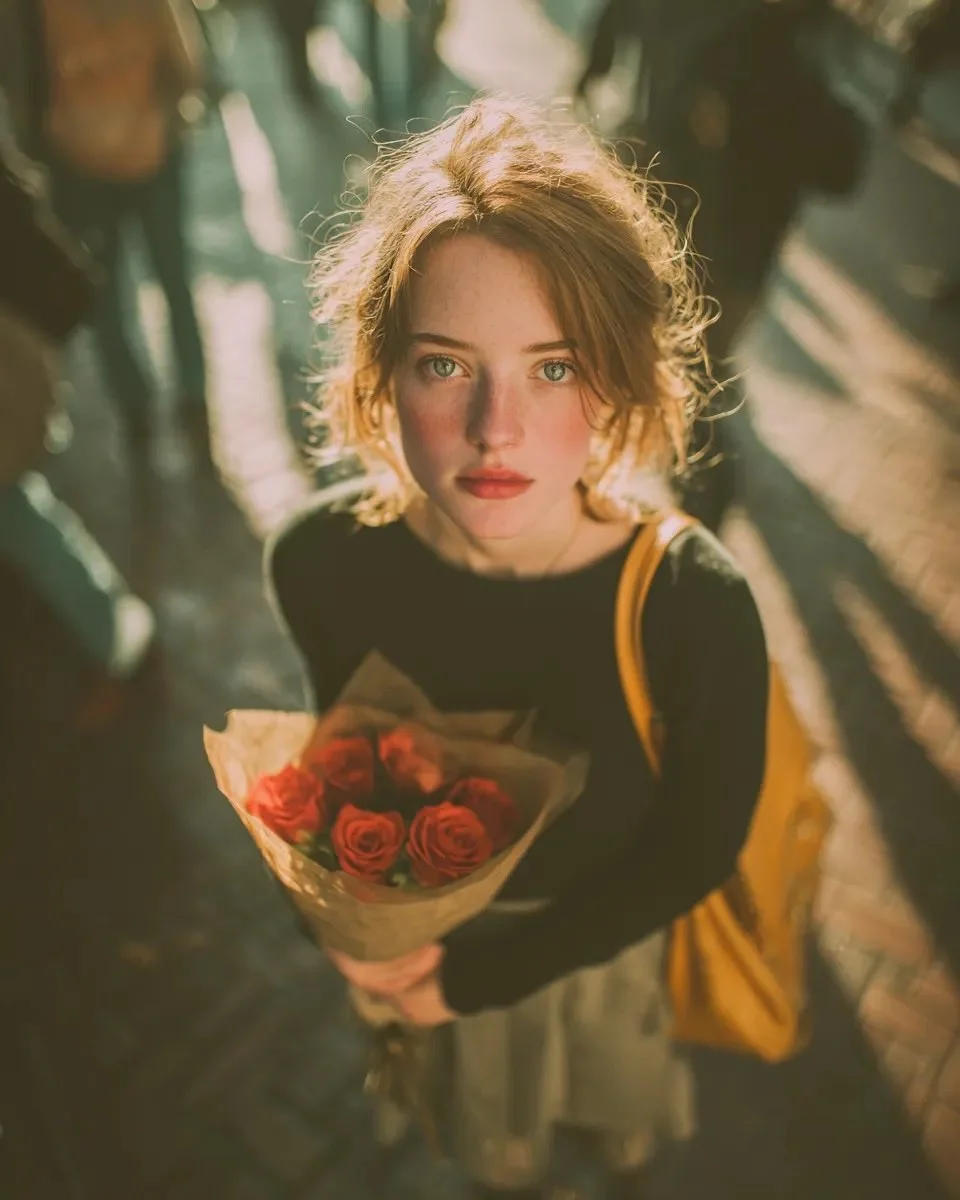 Golden Hour Gaze with Crimson Roses
