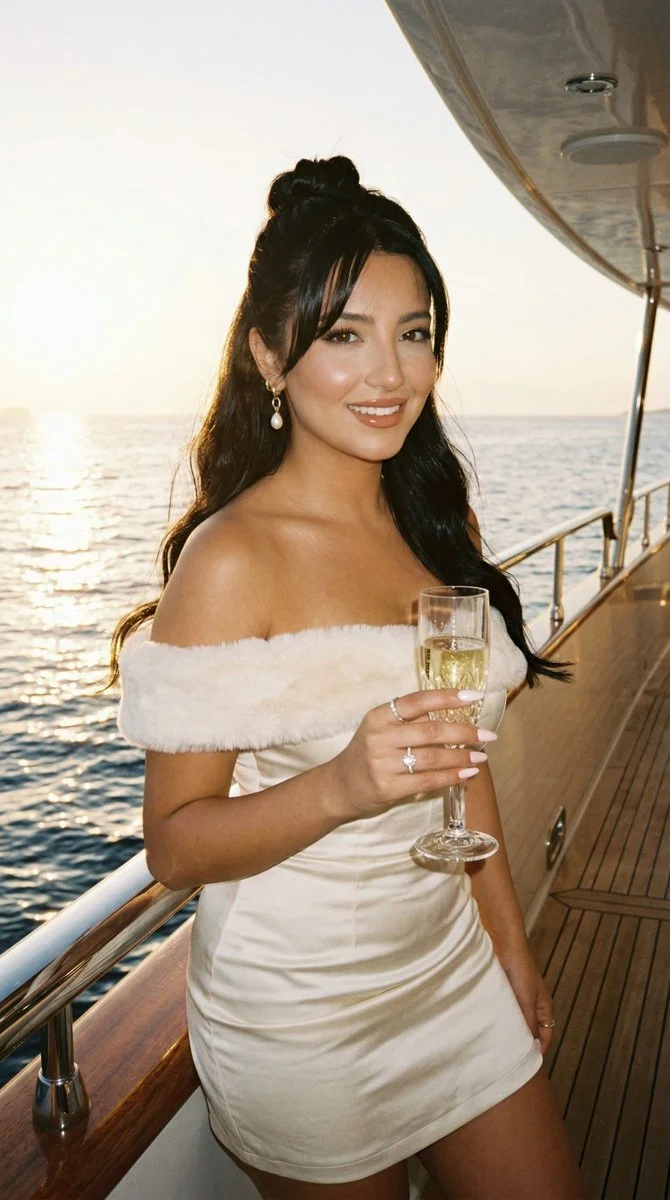 Golden Hour Glamour: Elegant Woman on Luxury Yacht with Champagne
