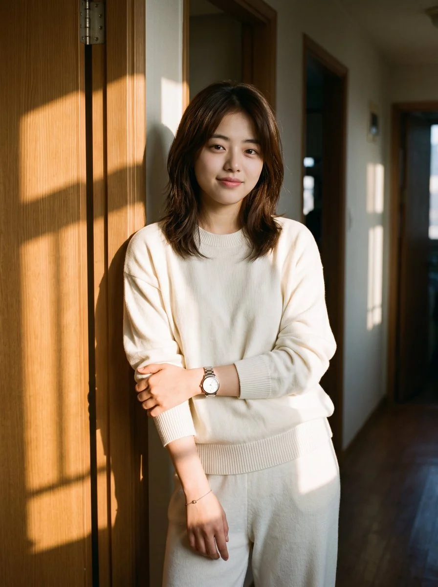 Golden hour glow embraces quiet woman in cozy knitwear