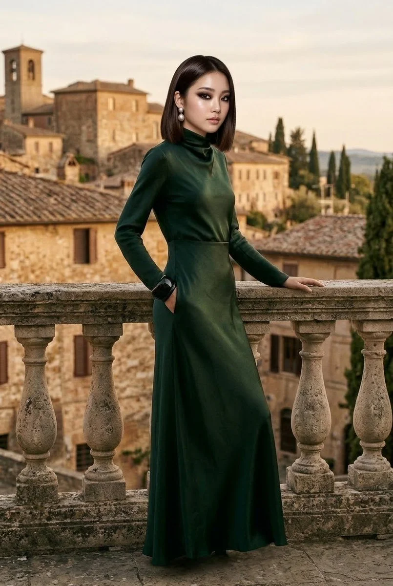 Golden hour glow highlights emerald dress against ancient stone balustrade
