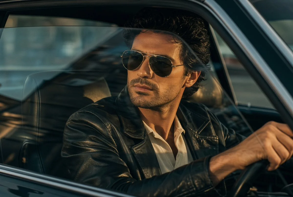 Golden Hour Glow Highlights Man Driving Classic Car
