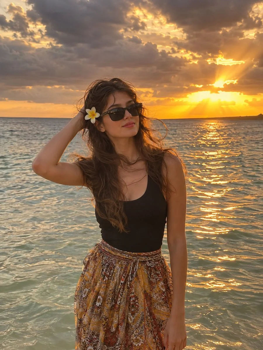 Golden hour glow on a beachside woman holding back her hair