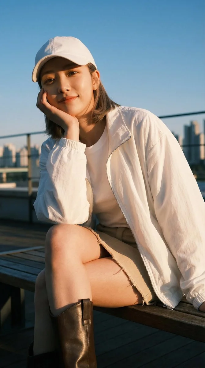 Golden Hour Glow: Soft Tilted Portrait Against Urban Blue Sky