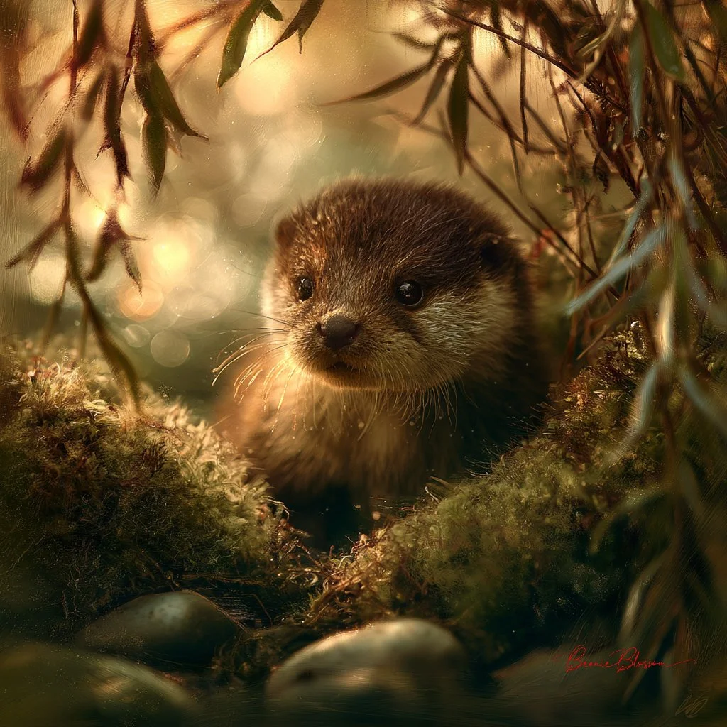 Golden Hour Glow Warms a Curious Otter Pup by the River