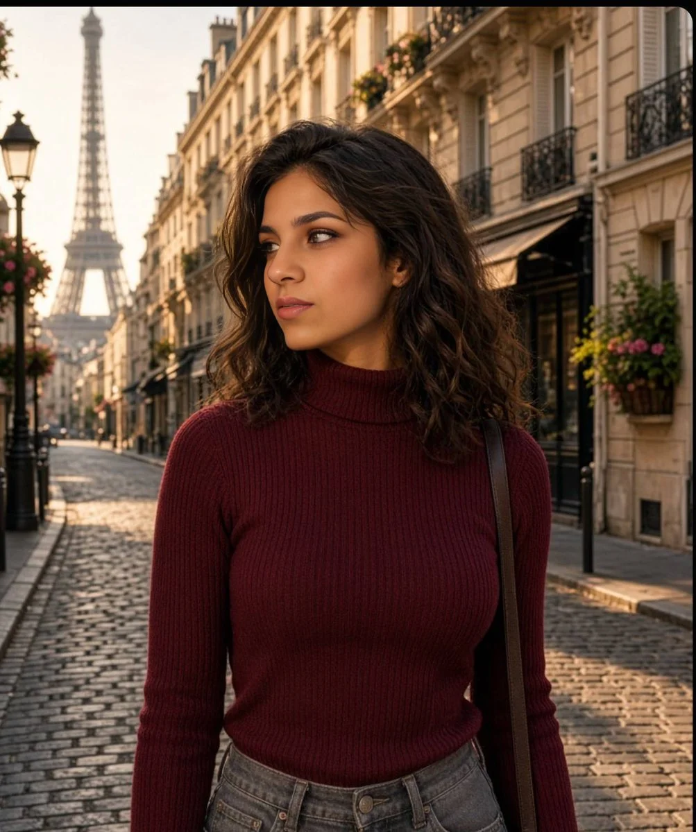 Golden Hour Glow Warms Parisian Street as Woman Walks in Profile