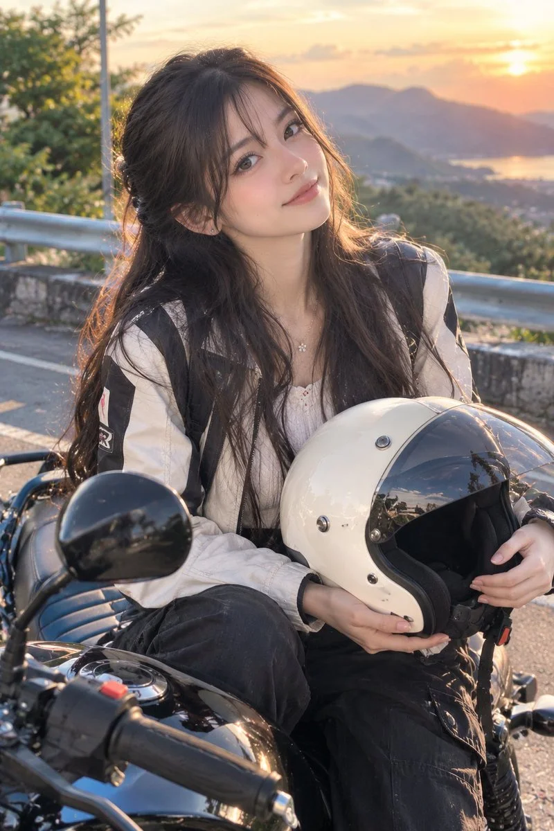 Golden Hour Glow: Woman Poses on Motorcycle at Scenic Overlook