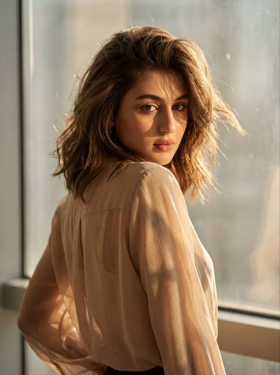 Golden Hour Grace: Intimate Portrait with Soft Geometric Shadows