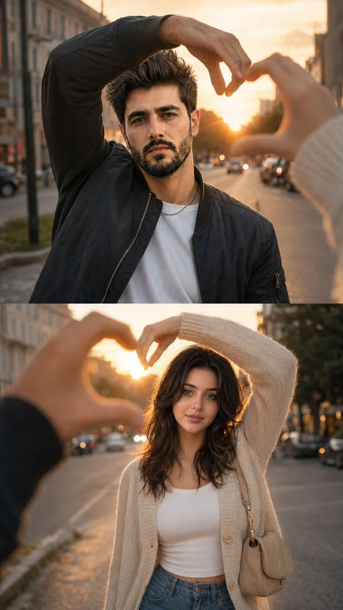 Golden hour heart gesture unites two lovers in cinematic frame