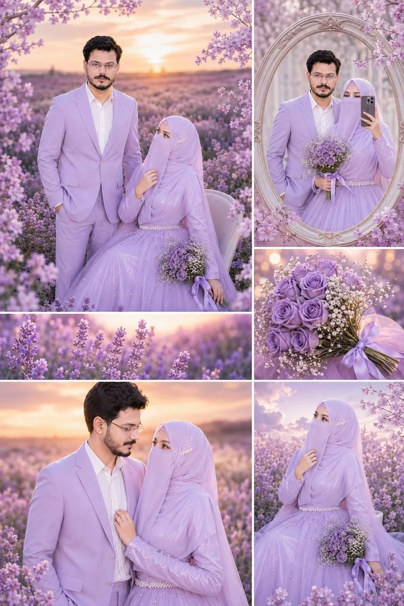 Golden hour illuminates a hijabi bride and her groom in lavender