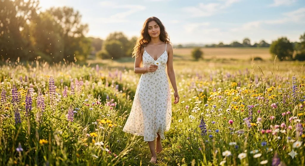 Golden hour illuminates a woman in a meadow of purple and yellow flowers.