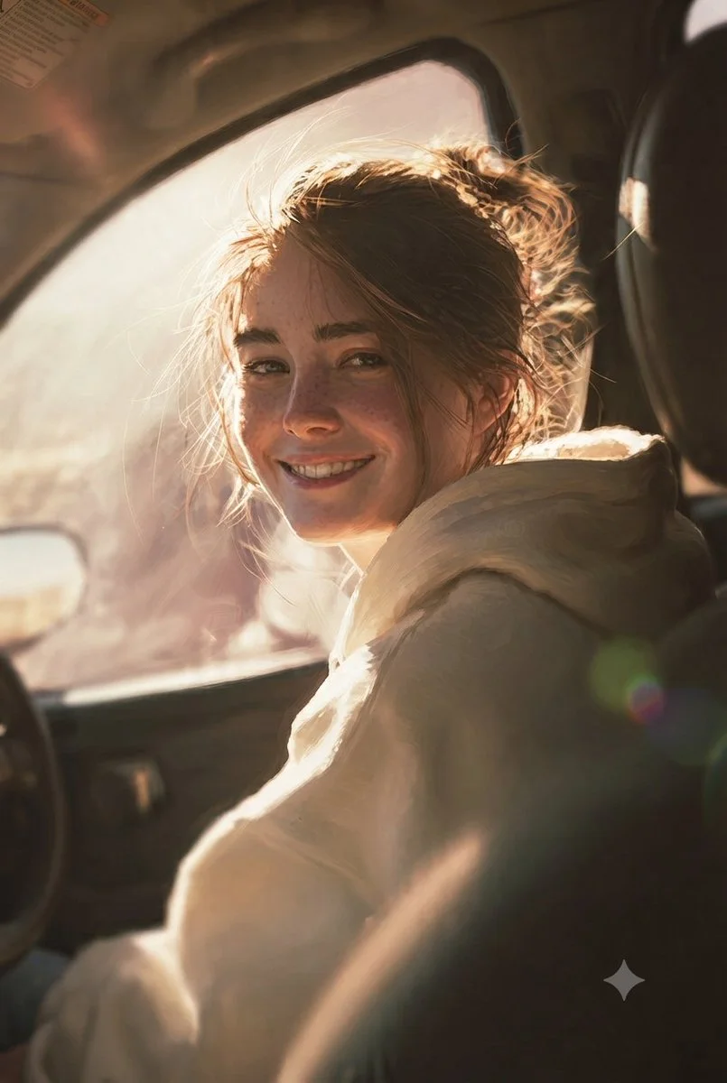 Golden hour light fills the car as she smiles over her shoulder.