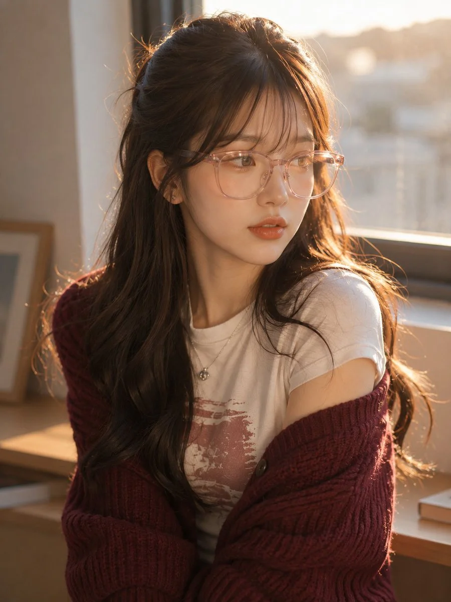 Golden hour light graces a woman in pink glasses and burgundy knit