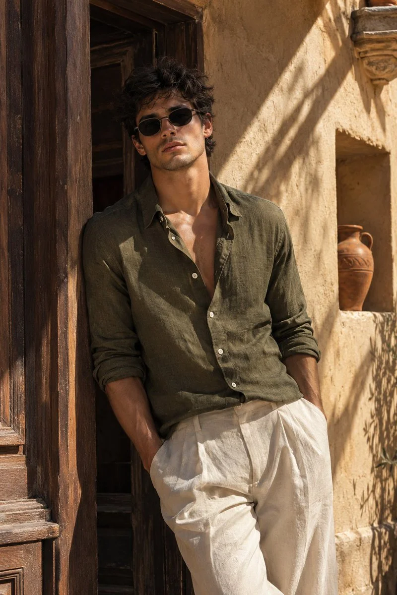 Golden hour light rakes across a man resting by a stucco wall