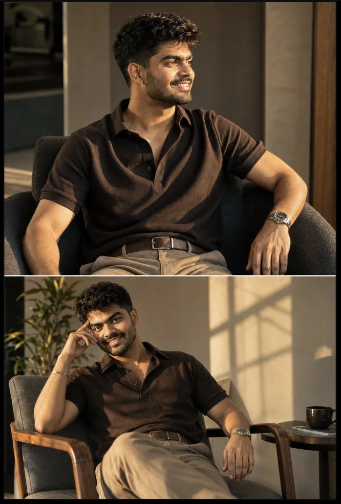 Golden hour light warms a confident man in a lounge chair