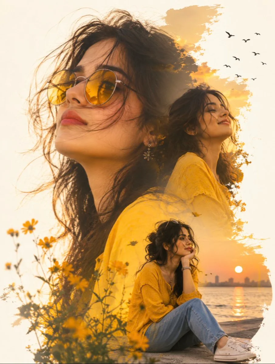Golden hour light wraps a pensive woman in a dreamy seaside double exposure