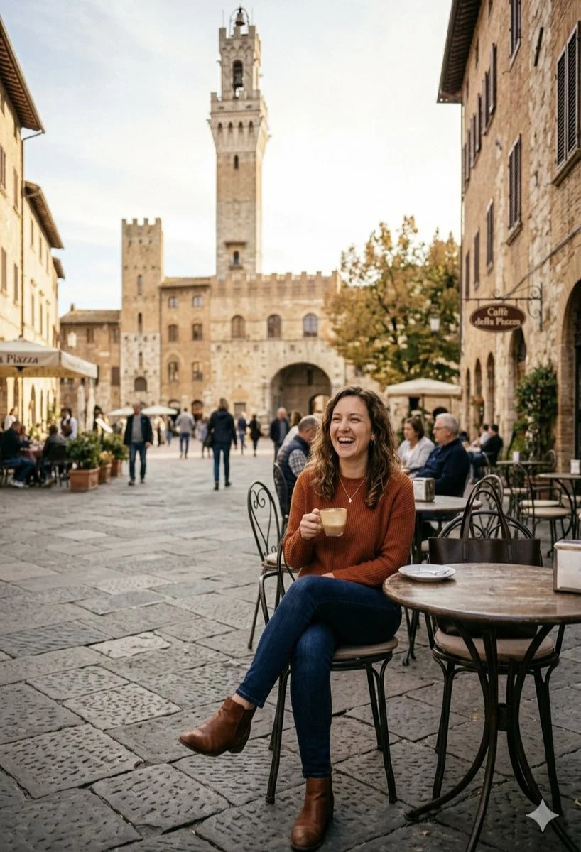 Golden Hour Moments in Siena: Woman Enjoys Caffè Latte at Piazza