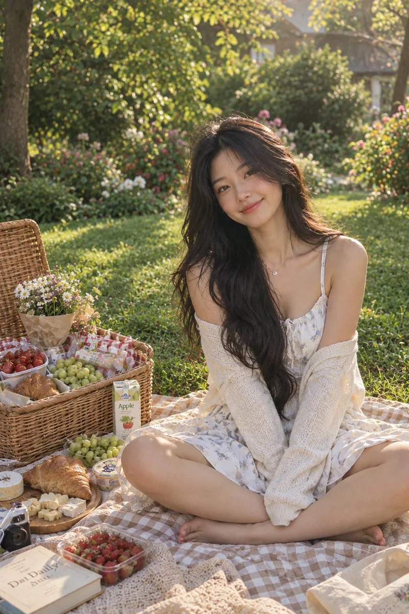 Golden Hour Picnic: Woman Relaxing in Lush Garden Serenity