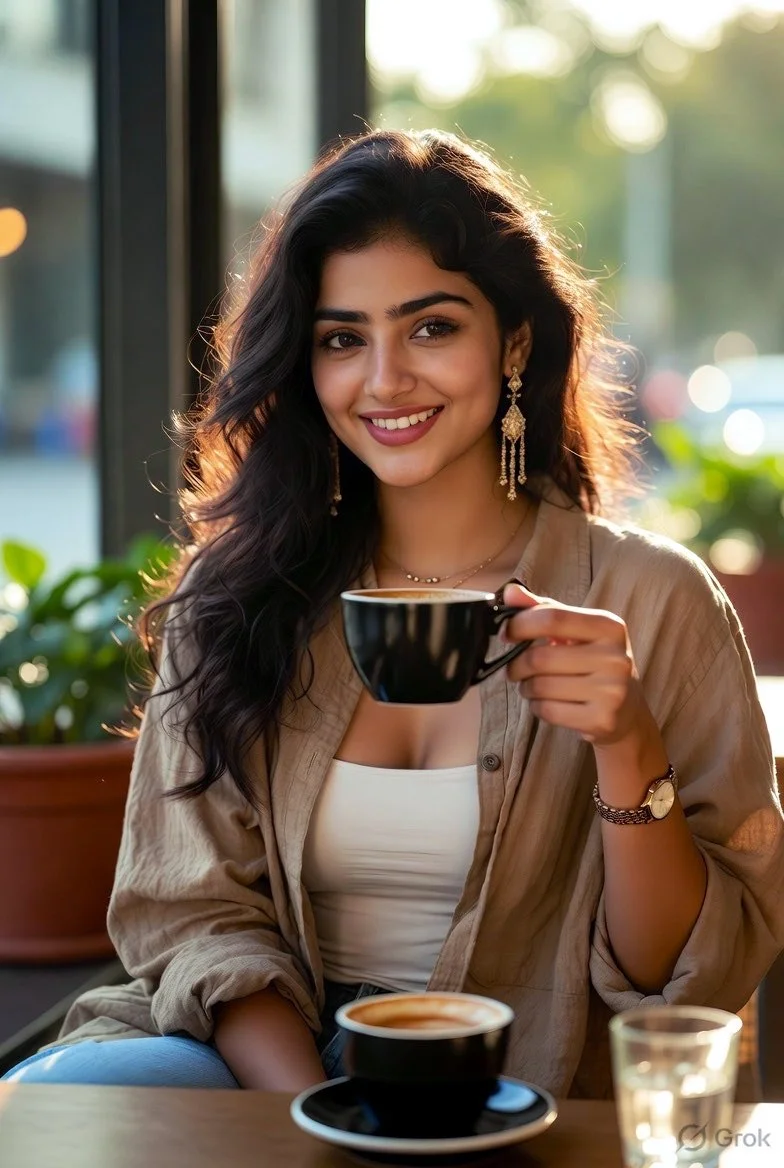 Golden hour portrait captures woman's genuine smile with coffee