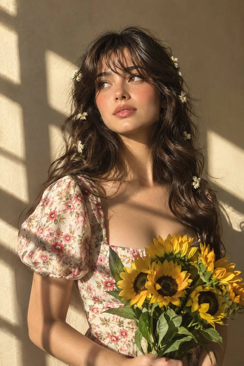 Golden Hour Portrait of a Dreamy Woman Holding a Sunflower Bouquet