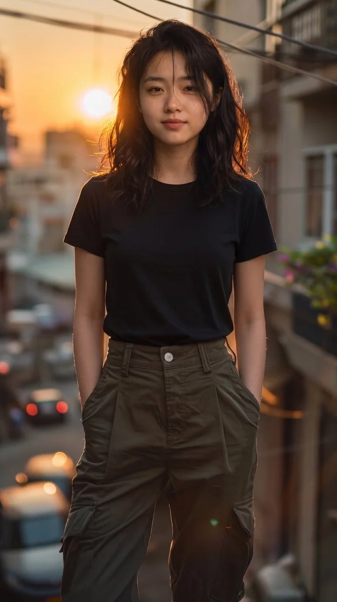 Golden hour portrait of a woman on a rooftop with city lights